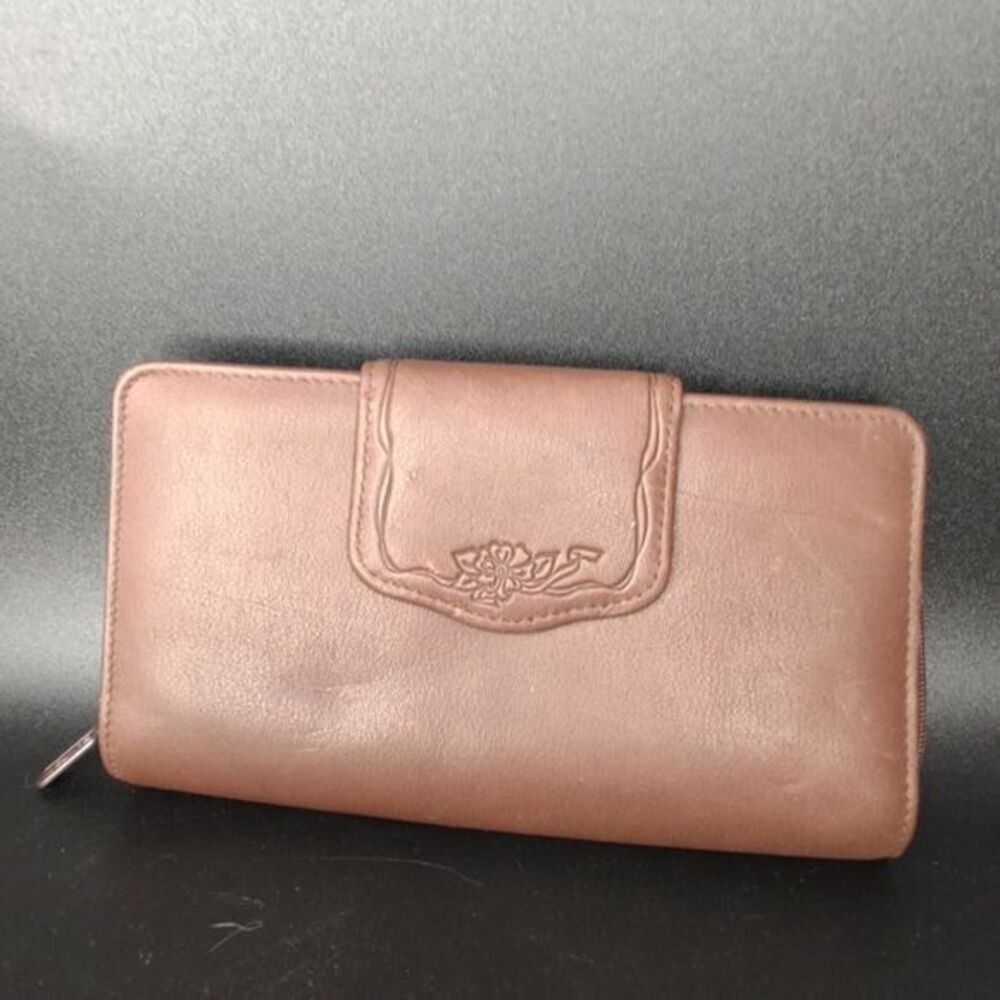 Buxton Brown Leather Zip Around Wallet with Floral Snap